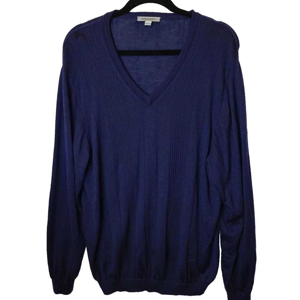Johnston & Murphy 100% Wool Mens Medium Sweater Pull Over Ribbed V Neck Navy